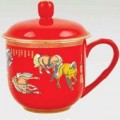 八駿圖紅瓷杯 帶手柄老板杯定做